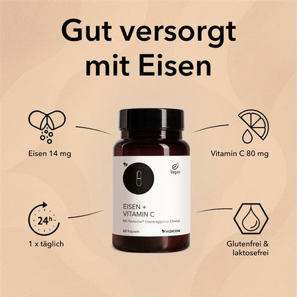 Spezifische Produktinformationen zu Eisen mit Vitamin C mit Angabe von Inhaltsstoffen wie 14 mg Eisen