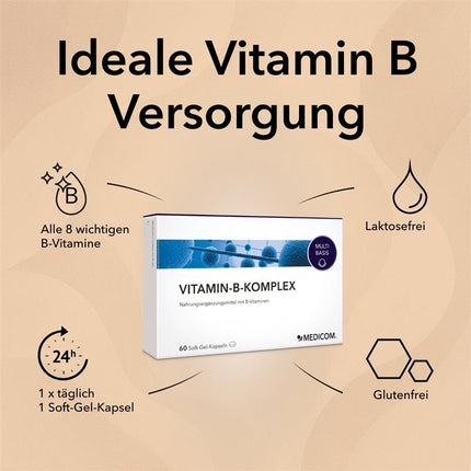 Vitamin-B-Komplex Produktinformationen: alle 8 wichtigen B-Vitamine, 1 Soft-Gel-Kapsel täglich, laktosefrei und glutenfrei