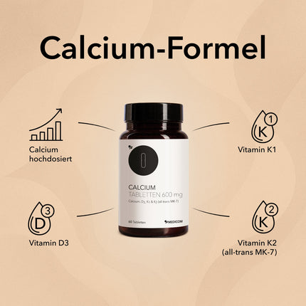 Spezifische Produktinformationen zu Calcium Tabletten 600 mg mit Angabe von Inhaltsstoffen: Vitamin D3, Vitamin K1 und Vitamin K2 (all-trans MK-7)