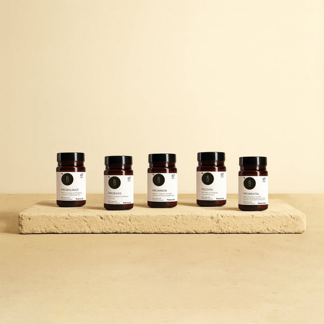 Das Probio-Set von Medicom mit 5 Produkten mit Bakterienkulturen auf einem Steintablett