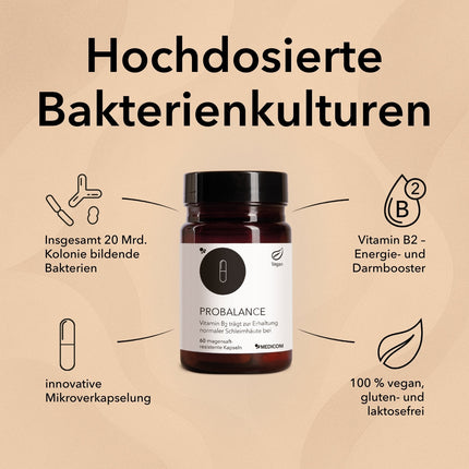 Spezifische Produktinformationen zu ProBalance mit Angabe von 20 Mrd. KBE Bakterienkulturen, Vitamin B2 und Informationen zur Kapsel 