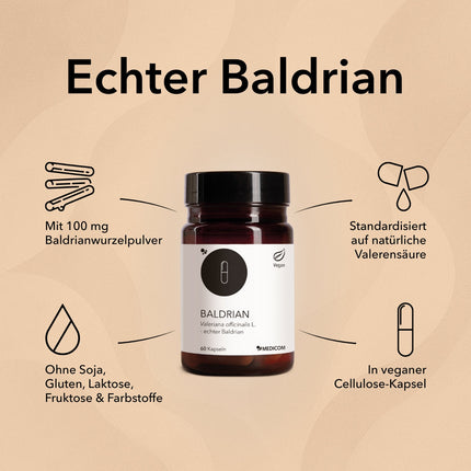Spezifische Produktinformationen zu Baldrian wie zum Beispiel die Angabe von dem Inhaltsstoff: Mit 100 mg Baldrianwurzelpulver und Kapselart