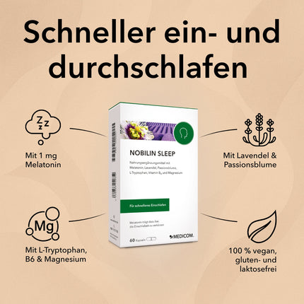 Spezifische Produktinformationen zu Nobilin Sleep mit Angabe von Inhaltsstoffen wie 1 mg Melatonin und Anwendungsgebiet: Schneller ein- und durchschlafen