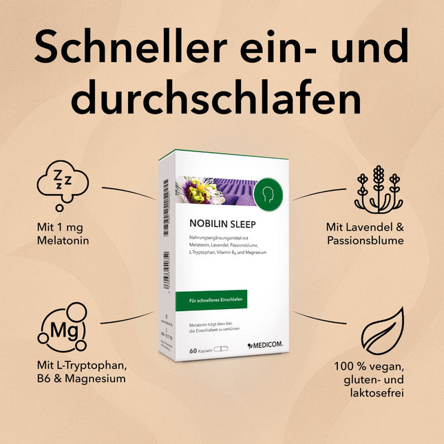 Spezifische Produktinformationen zu Nobilin Sleep mit Angabe von Inhaltsstoffen wie 1 mg Melatonin und Anwendungsgebiet: Schneller ein- und durchschlafen