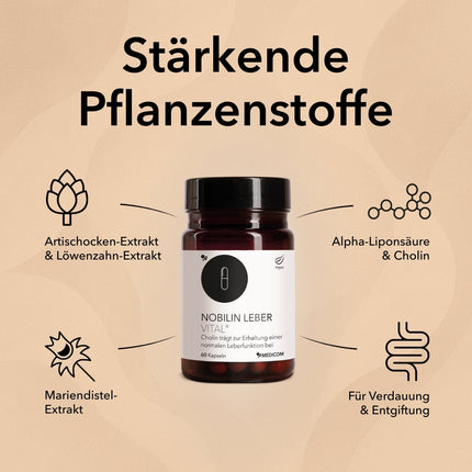 Spezifische Produktinformationen zu Nobilin Leber Vital®l mit Angabe von Inhaltsstoffen wie Mariendistelsamenextrakt, Artischocken- und Löwenzahnextrakt, Alpha-Liponsäure und Cholin