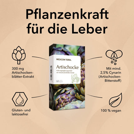 Spezifische Produktinformationen zu Artischocke mit Angabe von Inhaltsstoffen wie Artischockenblätterextrakt 300 mg